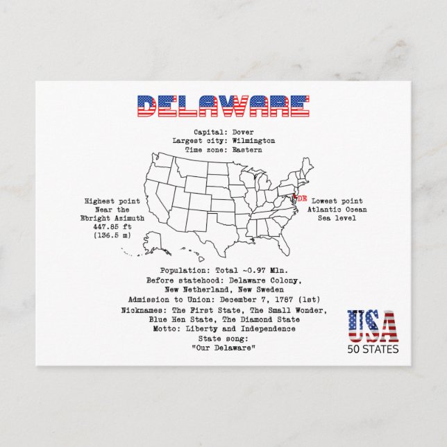Cartão Postal De Festividades Delaware estado americano em um mapa e informações (Frente)