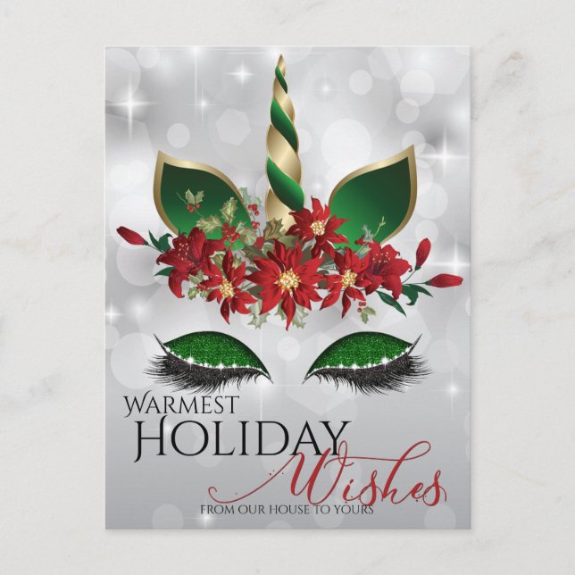 Cartão Postal De Festividades Desejos de Férias Rosto de Unicórnio Festivo (Frente)