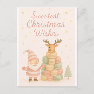 Cartão Postal De Festividades Desejos de Natal Mais Doces  Papai Noel & Macarons