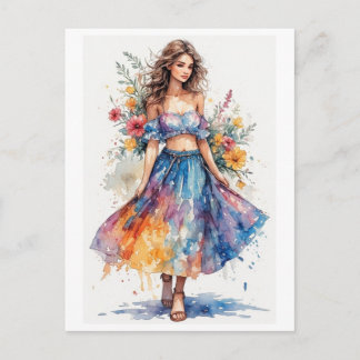 Cartão Postal De Festividades Desenho Colorido de Aquarela de Jovem Senhora em u
