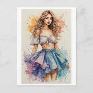Cartão Postal De Festividades Desenho de jovem senhora colorido e aquarela em um