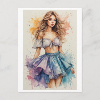 Cartão Postal De Festividades Desenho de jovem senhora colorido e aquarela em um
