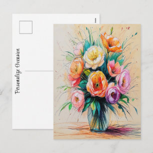 Cartão Postal De Festividades Desenho de Lápis de Cor de Buquê de Flores Bonitas