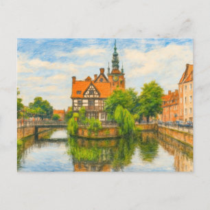 Cartão Postal De Festividades Desenho de Pastel da antiga fábrica de Danzig na R