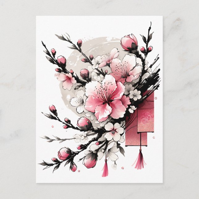 Cartão Postal De Festividades Desenho de Tinta do Feliz ano novo Hoa Dao (Frente)