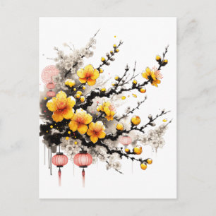 Cartão Postal De Festividades Desenho de Tinta do Feliz ano novo Hoa Mai