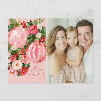 Cartão Postal De Festividades Desenho Floral de Natal Brilhante Rosa, Vermelho e