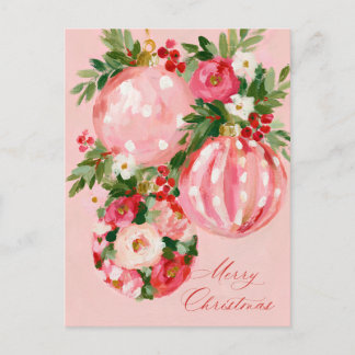 Cartão Postal De Festividades Desenho Floral de Natal Brilhante Rosa, Vermelho e