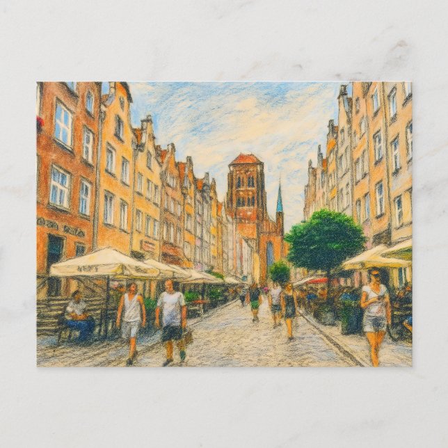 Cartão Postal De Festividades Desenho pastel da rua âmbar de Danzig com compro d (Frente)