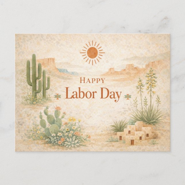 Cartão Postal De Festividades Desert Green Orange Landscape Happy Labor Day (Frente)