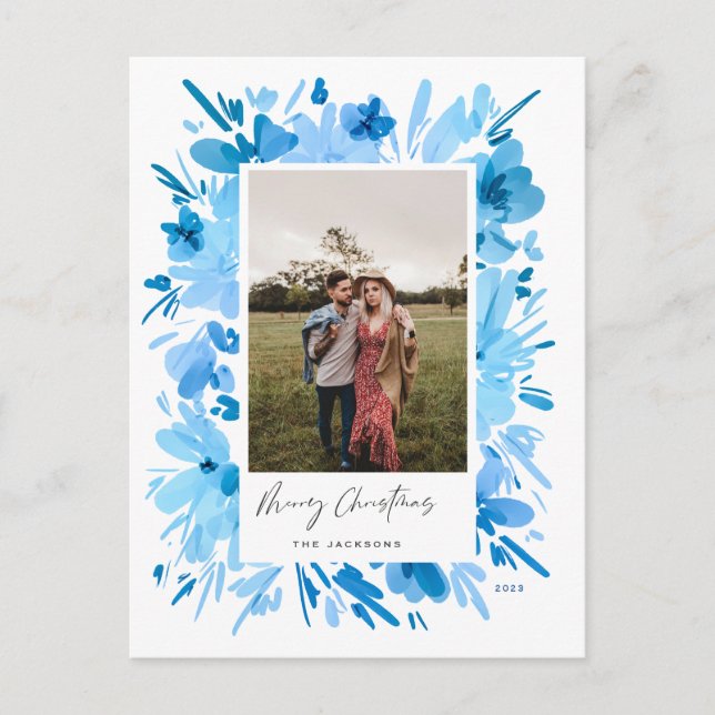 Cartão Postal De Festividades design de Natal floral azul abstrato feliz (Frente)