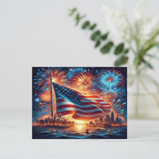 Cartão Postal De Festividades Design patriótico com bandeira americana e Nova Io (Em pé/Frente)