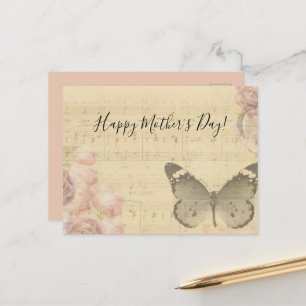 Cartão Postal De Festividades Dia de as mães Old Sheet Music Score Rosa Butfly