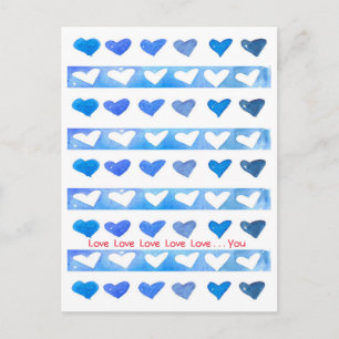 Cartão Postal De Festividades dia de os namorados Azul Aquarela Corações Te Am