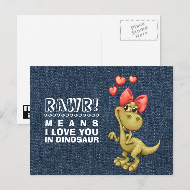 Cartão Postal De Festividades Dia de os namorados Dinossauro Engraçado (Frente/Verso)