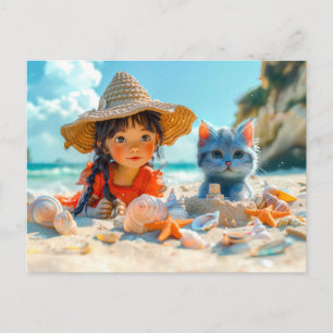 Cartão Postal De Festividades Dia de Praia com Conchas e um Gato