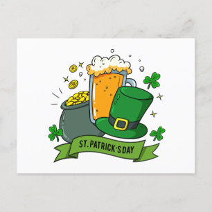 Cartão Postal De Festividades Dia de São Patrício Shamrock Dourado Beer Hat Fe