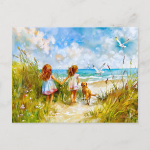 Cartão Postal De Festividades Dia de Verão na Praia com Meninas e Cachorro