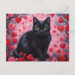 Cartão Postal De Festividades Dia dos Namorados Gato Preto com Corações e Rosas