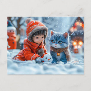 Cartão Postal De Festividades Dia Mágico de Inverno com Menina e Gato
