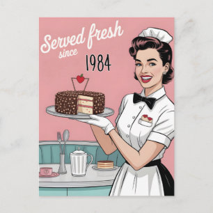 Cartão Postal De Festividades Diner Pin-Up: Garçonete Retro e Ano Personalizado