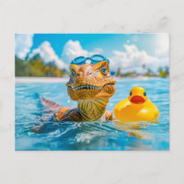 Cartão Postal De Festividades Dino Bathing com Pato de Borracha