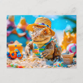 Cartão Postal De Festividades Dino Building Sandcastle em Praia
