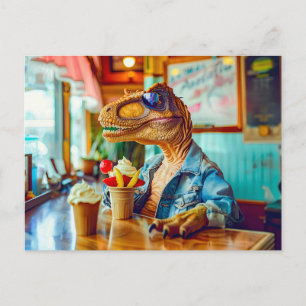 Cartão Postal De Festividades Dino Eating Sorvete em Café
