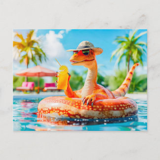 Cartão Postal De Festividades Dino na Piscina com Cocktail