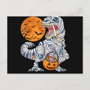 Cartão Postal De Festividades Dino T rex Múmia Abóbora de Halloween