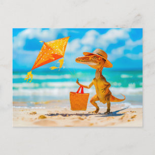 Cartão Postal De Festividades Dino Voando Kite em Praia