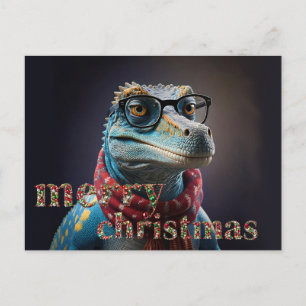 Cartão Postal De Festividades Dinossauro azul usando cachecol de Natal de óculos