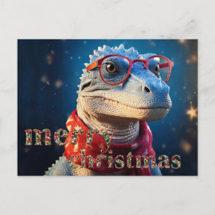 Cartão Postal De Festividades Dinossauro azul vestindo cachecol de Natal de ócul