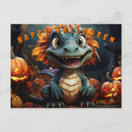 Cartão Postal De Festividades Dinossauro De Halloween Na Floresta Com Pumpkins