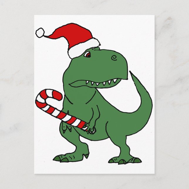Cartão Postal De Festividades Dinossauro T-rex bonito em Santa Hat Arte de Natal (Frente)