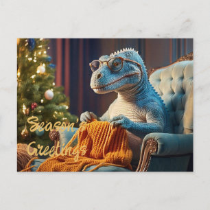 Cartão Postal De Festividades Dinossauro tricotando Feliz Natal