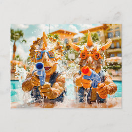 Cartão Postal De Festividades Dinossauros lutam com água na praia