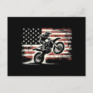 Cartão Postal De Festividades Dirt Bike American Flag Motocross Biker Vintage EU