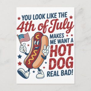 Cartão Postal De Festividades Divertido Dia 4 de Julho Cachorro-Quente Celebraçã