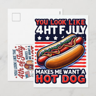 Cartão Postal De Festividades Divertido Dia 4 de Julho Cachorro Quente Celebraçã