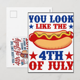 Cartão Postal De Festividades Divertido Dia 4 de Julho Cachorro-Quente Celebraçã