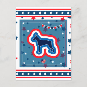 Cartão Postal De Festividades Doberman Patriótico Vermelho Branco e Azul 4 de Ju