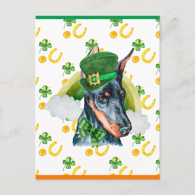Cartão Postal De Festividades Doberman Shamrock Dia de São Patrício (Frente)