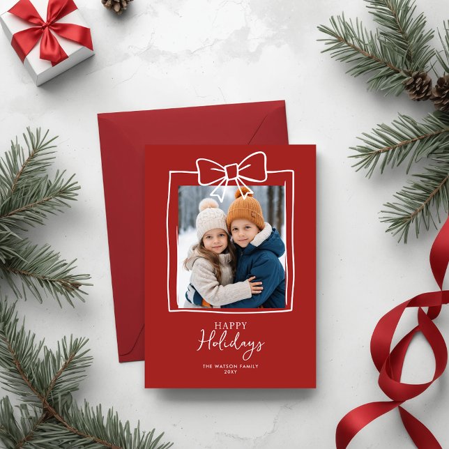 Cartão Postal De Festividades Doddle Hand Drawn Foto de Natal de Arco (Doodle Christmas Hand-Drawn Bow Ribbon Holiday Card)