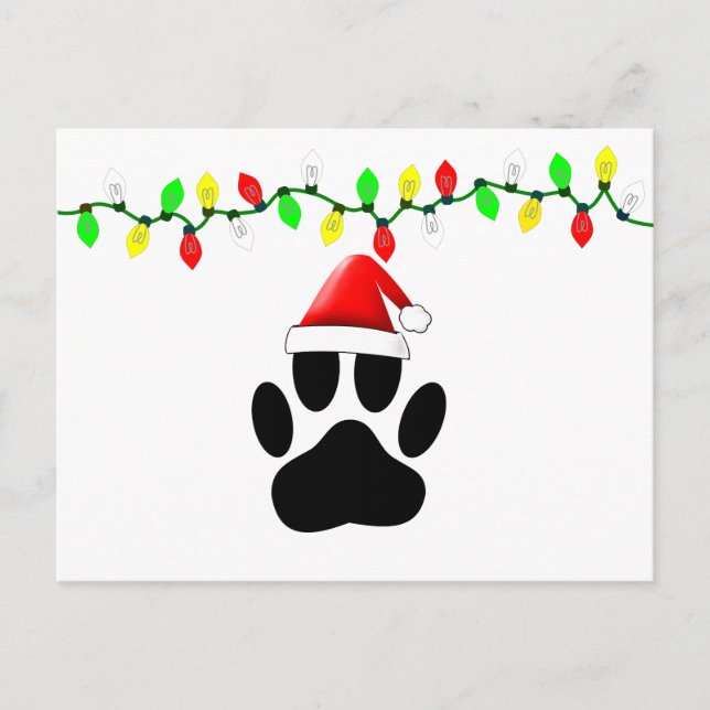 Cartão Postal De Festividades Dog Pawprint Santa Hat Christmas Lights (Frente)