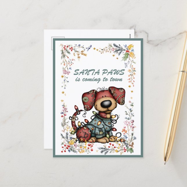 Cartão Postal De Festividades Dog Wrapped In Lights Santa PAWS is Coming to Town (Frente/Verso In Situ)