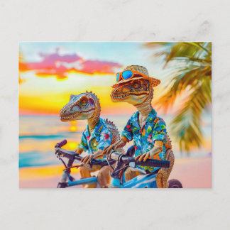 Cartão Postal De Festividades Dois Dinos no Sunset Bike Ride