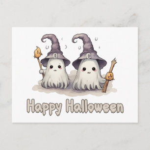 Cartão Postal De Festividades Dois Fantasmas Bruxas Chapéus Assustador Feliz Dia