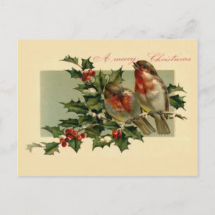 Cartão Postal De Festividades Dois pássaros em um galho Holly