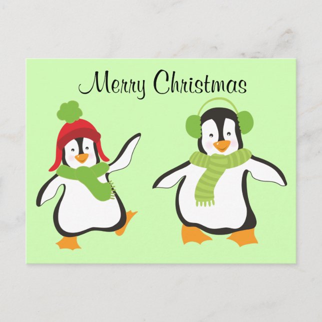 Cartão Postal De Festividades Dois Pinguins de Cartoon de Dança (Frente)